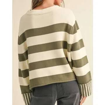 Esmeling Women's Casual Loose Striped Sweater Fall Long Sleeve Crew Neck Knitted Pullover Tops(1029-Green-L)