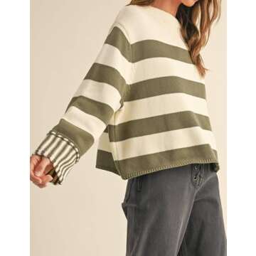 Esmeling Women's Casual Loose Striped Sweater Fall Long Sleeve Crew Neck Knitted Pullover Tops(1029-Green-L)