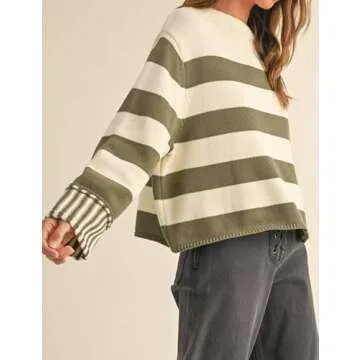 Esmeling Women's Casual Loose Striped Sweater Fall Long Sleeve Crew Neck Knitted Pullover Tops(1029-Green-L)