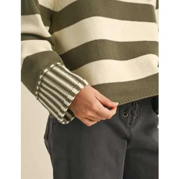 Esmeling Women's Casual Loose Striped Sweater Fall Long Sleeve Crew Neck Knitted Pullover Tops(1029-Green-L)