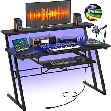 Armocity Music Studio Desk with RGB LED Lights & Power Outlets for Music Production