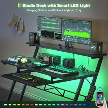 Armocity Music Studio Desk with RGB Lights and Outlets