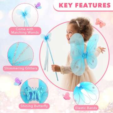 kilofly 4 Sets Angel Butterfly Wings Fairy Wands Princess Dress Up Costume