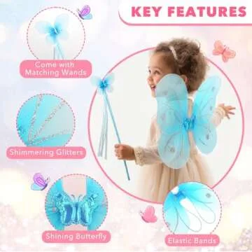 kilofly 4 Sets Angel Butterfly Wings Fairy Wands Princess Dress Up Costume
