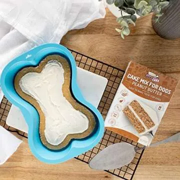Puppy Cake Mix Dog Birthday Cake Kit, with Bone Silicone Pan and Candles (Peanut Butter, Blue) Made in USA