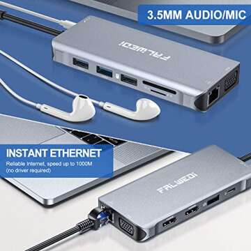 Falwedi 12 in 1 Triple Monitor USB C Docking Station, Dual HDMI & VGA Adapter, PD3.0, Ethernet, SD TF Card Reader, 4 USB Ports, Mic/Audio USB C Hub, Dock Compatible for MacBook/Dell/HP/Lenovo Laptops