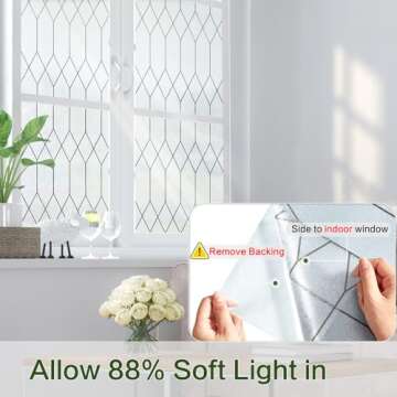 Windimiley Window Privacy Film Stained Glass Frosted Glass Window Clings Moroccan Lattice Decorative Bathroom Door Coverings UV Sun Blocking Heat Control Removable Home Tint,(17.5X78.7in,Pure)