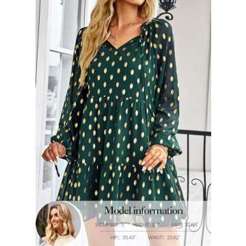 KIRUNDO Women's 2024 Fall Long Sleeve Gold Polka Dot Cute Babydoll Dress Casual V Neck Loose Tiered Flowy Mini Dress(Dark Green, X-Large)