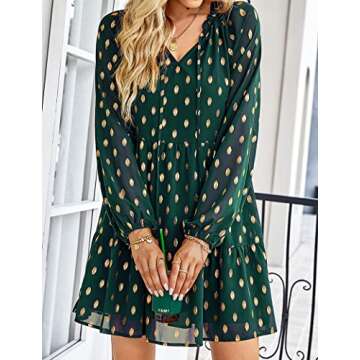 KIRUNDO Women's 2024 Fall Long Sleeve Gold Polka Dot Cute Babydoll Dress Casual V Neck Loose Tiered Flowy Mini Dress(Dark Green, X-Large)