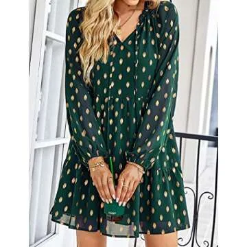 KIRUNDO Women's 2024 Fall Long Sleeve Gold Polka Dot Cute Babydoll Dress Casual V Neck Loose Tiered Flowy Mini Dress(Dark Green, X-Large)