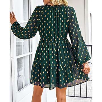 KIRUNDO Women's 2024 Fall Long Sleeve Gold Polka Dot Cute Babydoll Dress Casual V Neck Loose Tiered Flowy Mini Dress(Dark Green, X-Large)
