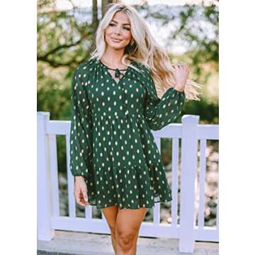 KIRUNDO Women's 2024 Fall Long Sleeve Gold Polka Dot Cute Babydoll Dress Casual V Neck Loose Tiered Flowy Mini Dress(Dark Green, X-Large)