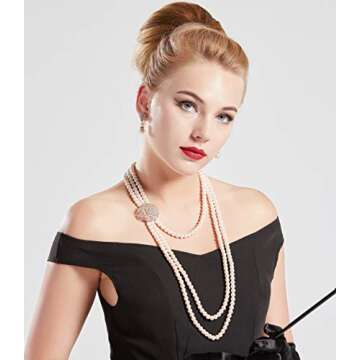 BABEYOND 1920s Gatsby Pearl Necklace Vintage Bridal Pearl Necklace Earrings Jewelry Set Multilayer Imitation Pearl Necklace with Brooch (Style 1-Rose Gold)