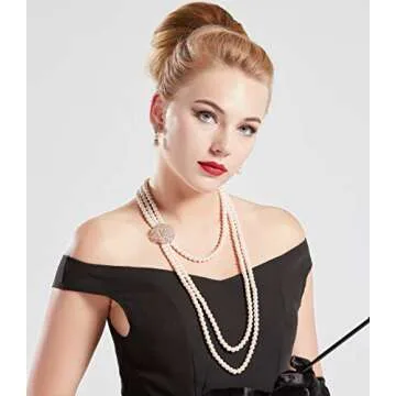 BABEYOND 1920s Gatsby Pearl Necklace Vintage Bridal Pearl Necklace Earrings Jewelry Set Multilayer Imitation Pearl Necklace with Brooch (Style 1-Rose Gold)