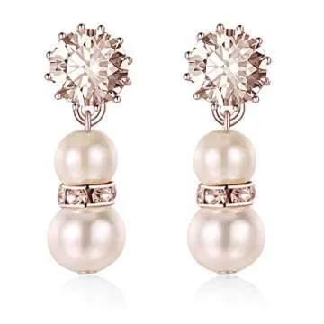 BABEYOND 1920s Gatsby Pearl Necklace Vintage Bridal Pearl Necklace Earrings Jewelry Set Multilayer Imitation Pearl Necklace with Brooch (Style 1-Rose Gold)