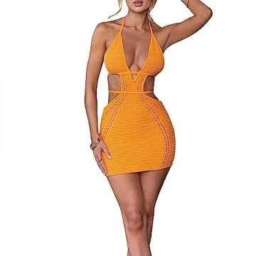 Women's Halter Bodycon Mini Dress Sleeveless Tie Backless Hollow Out Corset Knit Dress Wrap Summer B...