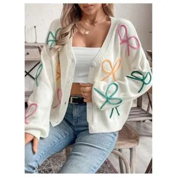 WDIRARA Women's Bow Button Down Cardigan V Neck Long Sleeve Drop Shoulder Knit Sweater White Medium