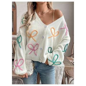 WDIRARA Women's Bow Button Down Cardigan V Neck Long Sleeve Drop Shoulder Knit Sweater White Medium