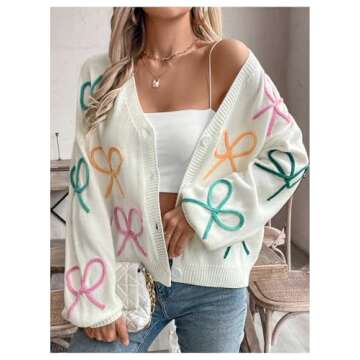 WDIRARA Women's Bow Button Down Cardigan V Neck Long Sleeve Drop Shoulder Knit Sweater White Medium