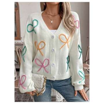 WDIRARA Women's Bow Button Down Cardigan V Neck Long Sleeve Drop Shoulder Knit Sweater White Medium