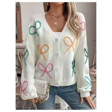 WDIRARA Women's Bow Button Down Cardigan V Neck Long Sleeve Drop Shoulder Knit Sweater White Medium