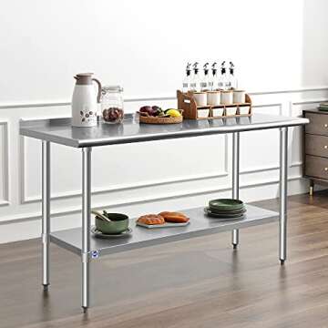 ROCKPOINT Stainless Steel Table for Prep & Work with Backsplash 24x60 Inches, NSF Metal Commercial K...