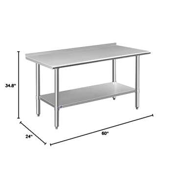 ROCKPOINT Stainless Steel Table for Prep & Work with Backsplash 24x60 Inches, NSF Metal Commercial Kitchen Heavy Duty Table with Adjustable Under Shelf and Table Foot for Restaurant, Home and Hotel