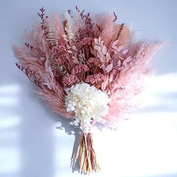 MUYEJI Natural Dried Pampas Grass Bouquet, Pink Flower Arrangements, Boho Home Decor Bouquet, Fluffy Pompas Grass Decor, Dried Floral Arrangement for Home Wedding Table Centerpiece Decorations