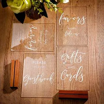 Chunful 4 Pcs Acrylic Wedding Signs with Stand 5 x 7 Inch Clear Cards and Gifts Our Guestbook Rustic Calligraphy Sign for Wedding Ceremony Reception(Basic)