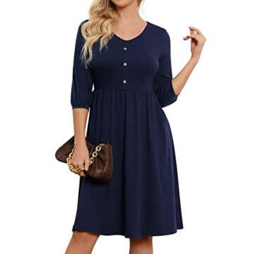 YATHON Fall Dresses for Women 3/4 Balloon Sleeve V Neck Button Down A-Line Casual Dress with Pockets...