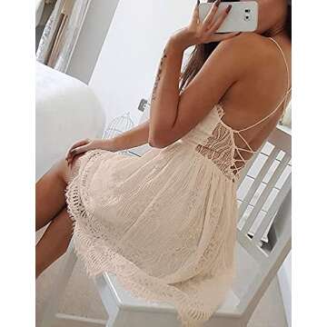 AOOKSMERY Women Summer V-Neck Spaghetti Straps Lace Backless Mini Party Club Beach Dresses (Light Khaki, Small)