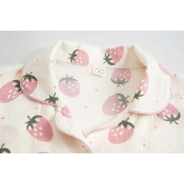 Vopmocld Big Girls Button Down Sleepwear Short Sleeve top & Pants 2PCS Crepe Pajama Sets Soft Lapel Shirt Loungewear, Short Sleeve With Pants-(Pink Strawberry), 16