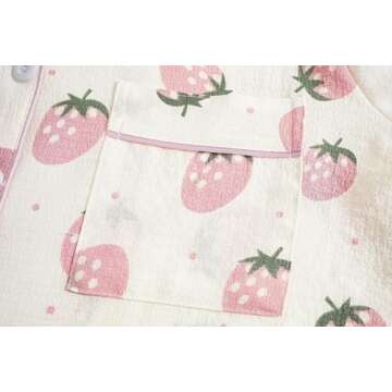 Vopmocld Big Girls Button Down Sleepwear Short Sleeve top & Pants 2PCS Crepe Pajama Sets Soft Lapel Shirt Loungewear, Short Sleeve With Pants-(Pink Strawberry), 16