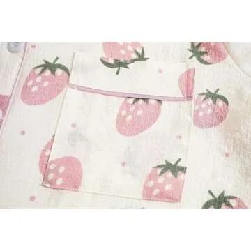 Vopmocld Big Girls Button Down Sleepwear Short Sleeve top & Pants 2PCS Crepe Pajama Sets Soft Lapel Shirt Loungewear, Short Sleeve With Pants-(Pink Strawberry), 16