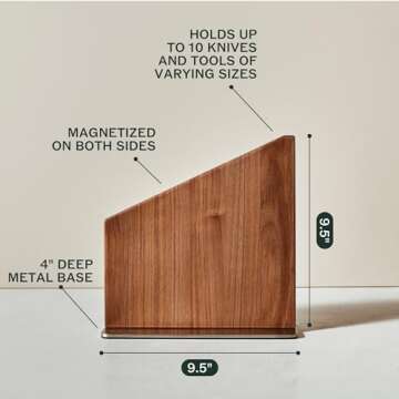 Material Knife Stand, Magnetic Wood Modern Knife Block for Safe Storage and Display of Knife Sets, Large Capacity for 10 knives, Walnut