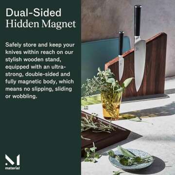 Material Knife Stand, Magnetic Wood Modern Knife Block for Safe Storage and Display of Knife Sets, Large Capacity for 10 knives, Walnut