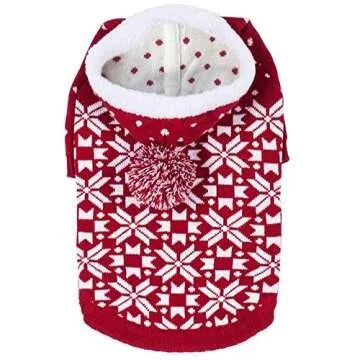 Blueberry Pet Let It Snow Classic Ugly Christmas Holiday Snowflake Pullover Hoodie Dog Sweater in Red and White, Back Length 14", Pack of 1 Clothes for Dogs