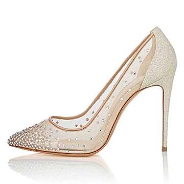 XYD Rhinestones Studded Stiletto High Heels Mesh Pumps for Women Slip On Pointed Toe Evening Wedding...