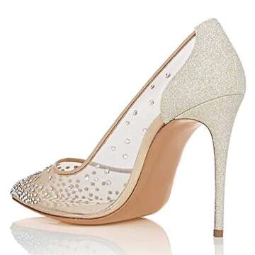 XYD Rhinestones Studded Stiletto High Heels Mesh Pumps for Women Slip On Pointed Toe Evening Wedding Dress Shoes Size 8 Gold Glitter