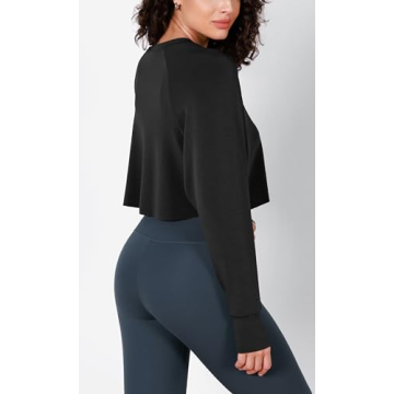 ODODOS Modal Soft Long Sleeve Cropped Sweatshirts with Thumb Hole for Women Crew Neck Pullover Crop Top, Black, Medium