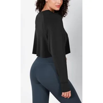 ODODOS Modal Soft Long Sleeve Cropped Sweatshirts with Thumb Hole for Women Crew Neck Pullover Crop Top, Black, Medium