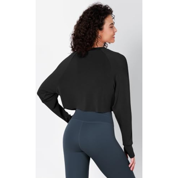ODODOS Modal Soft Long Sleeve Cropped Sweatshirts with Thumb Hole for Women Crew Neck Pullover Crop Top, Black, Medium