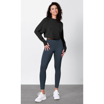 ODODOS Modal Soft Long Sleeve Cropped Sweatshirts with Thumb Hole for Women Crew Neck Pullover Crop Top, Black, Medium