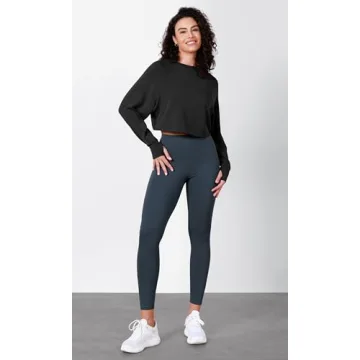 ODODOS Modal Soft Long Sleeve Cropped Sweatshirts with Thumb Hole for Women Crew Neck Pullover Crop Top, Black, Medium