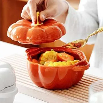 FYUEROPA Pumpkin Bowl Set with Lid and Handle, 14 Oz Ceramic Ramekins for Baking, Casserole Dish Individual Severing Pot, Stoneware, Oven Safe (Orange)