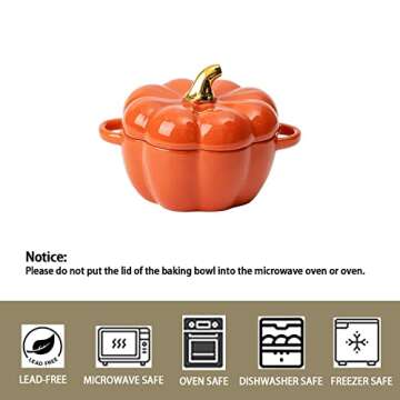 FYUEROPA Pumpkin Bowl Set with Lid and Handle, 14 Oz Ceramic Ramekins for Baking, Casserole Dish Individual Severing Pot, Stoneware, Oven Safe (Orange)