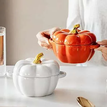 FYUEROPA Pumpkin Bowl Set with Lid and Handle, 14 Oz Ceramic Ramekins for Baking, Casserole Dish Individual Severing Pot, Stoneware, Oven Safe (Orange)