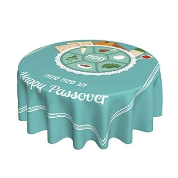Happy Traditional Jewish Passover Round Tablecloth Wrinkle Resistant Decorative Table Cover for Kitc...