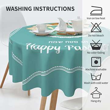 Happy Traditional Jewish Passover Round Tablecloth Wrinkle Resistant Decorative Table Cover for Kitchen Dining Parties Outdoor