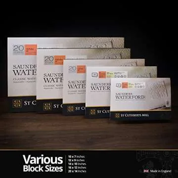 St. Cuthberts Mill Saunders Waterford Watercolor Paper Block - 12x9-inch White 100% Cotton Watercolor Paper - 20 Sheets of 140lb Hot Press Watercolor Paper for Gouache Ink Acrylic Charcoal and More
